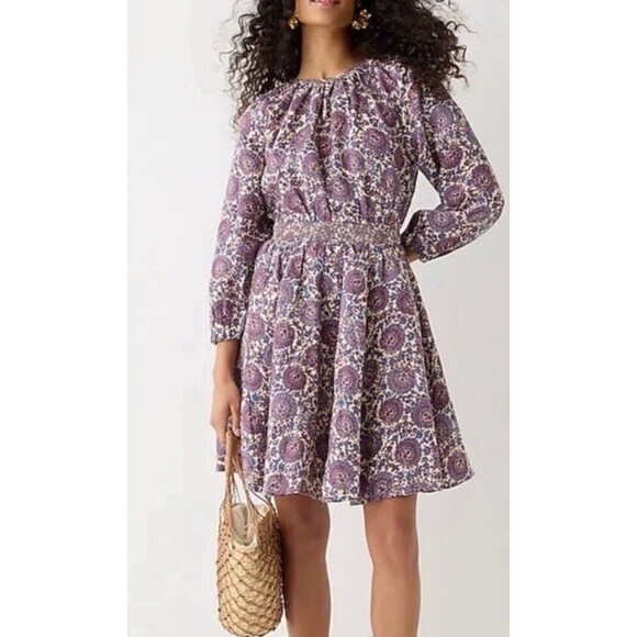 J Crew Linen Dress Womens Small Palermo Smocked Waist Pockets Puff Sleeve Floral - Picture 1 of 8